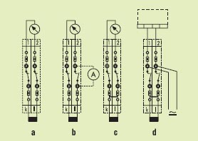 [b]Схема трансформатора тока с продольным подключением:[/b]    a= Нормальная работа    b = Режим измерения    c = Режим коротко